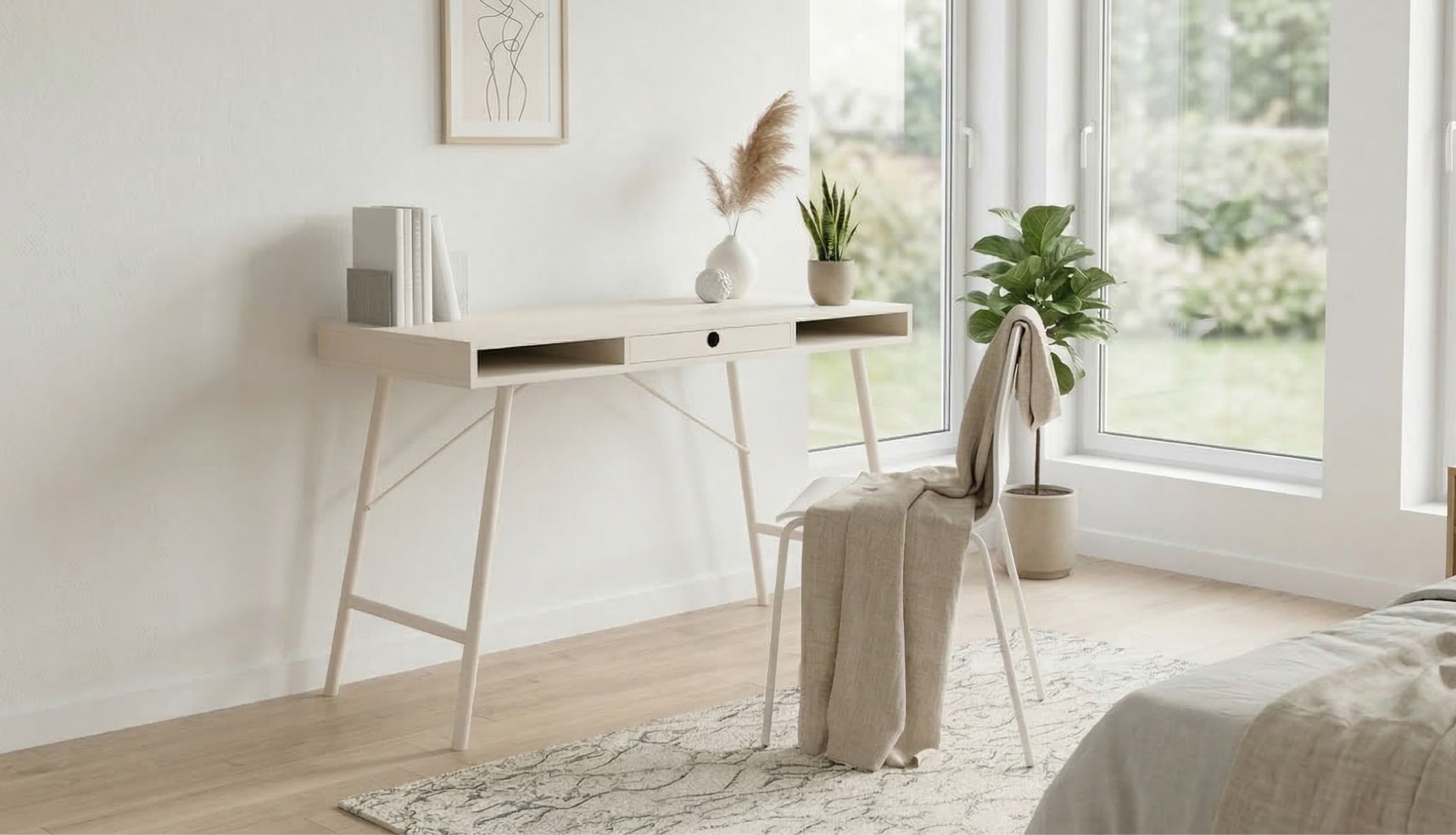 Bureau en métal et bois installé dans une chambre au design naturel