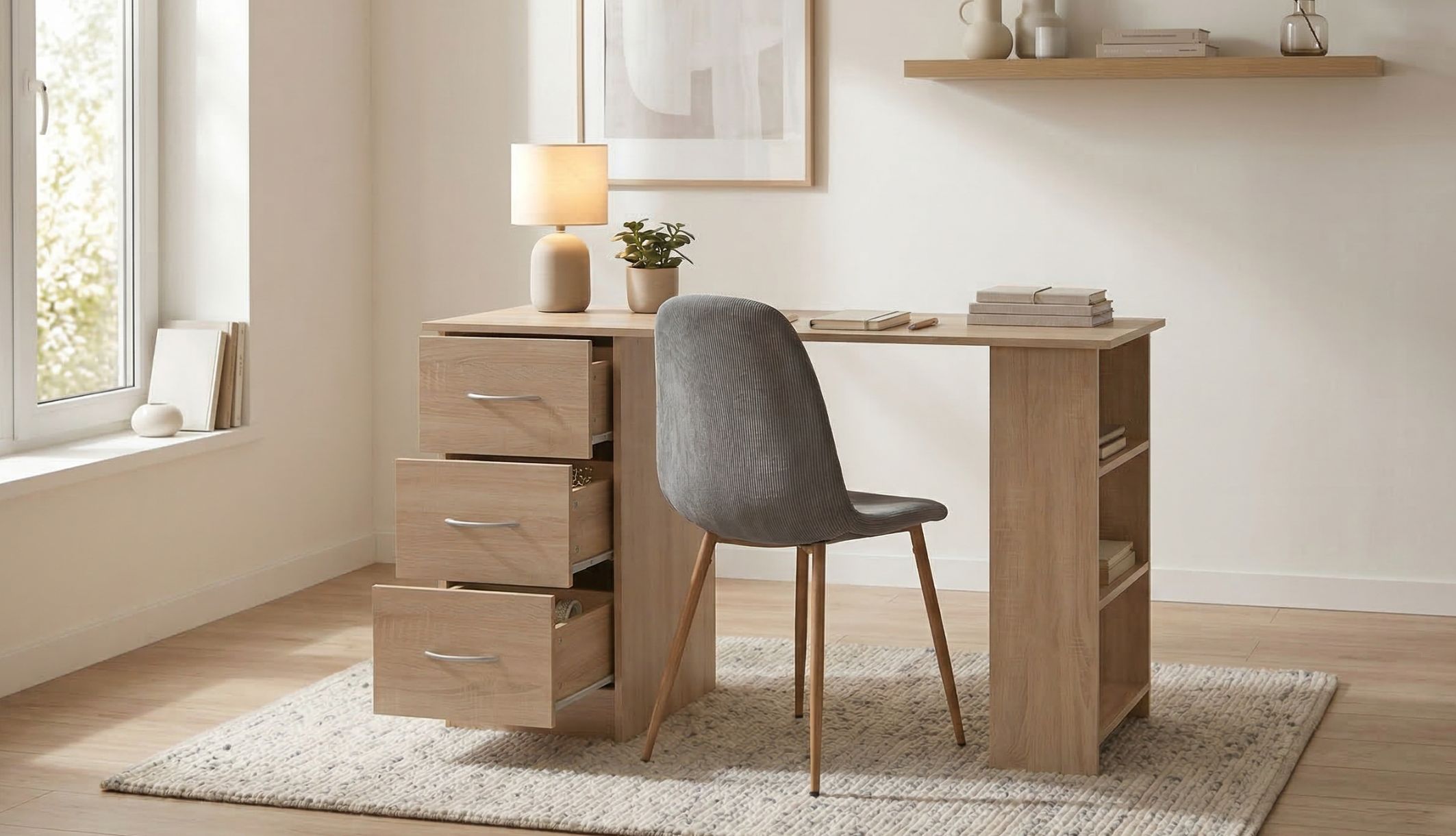 Bureau bois installé dans une chambre au design naturel