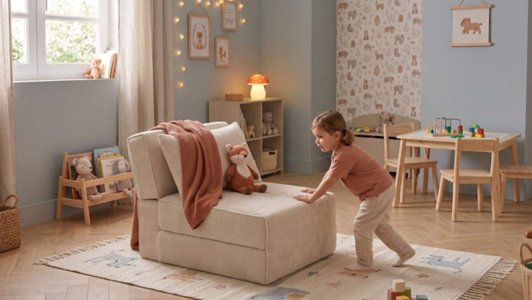 Petite fille jouant sur un fauteuil convertible écru dans une chambre d&#039;enfant.