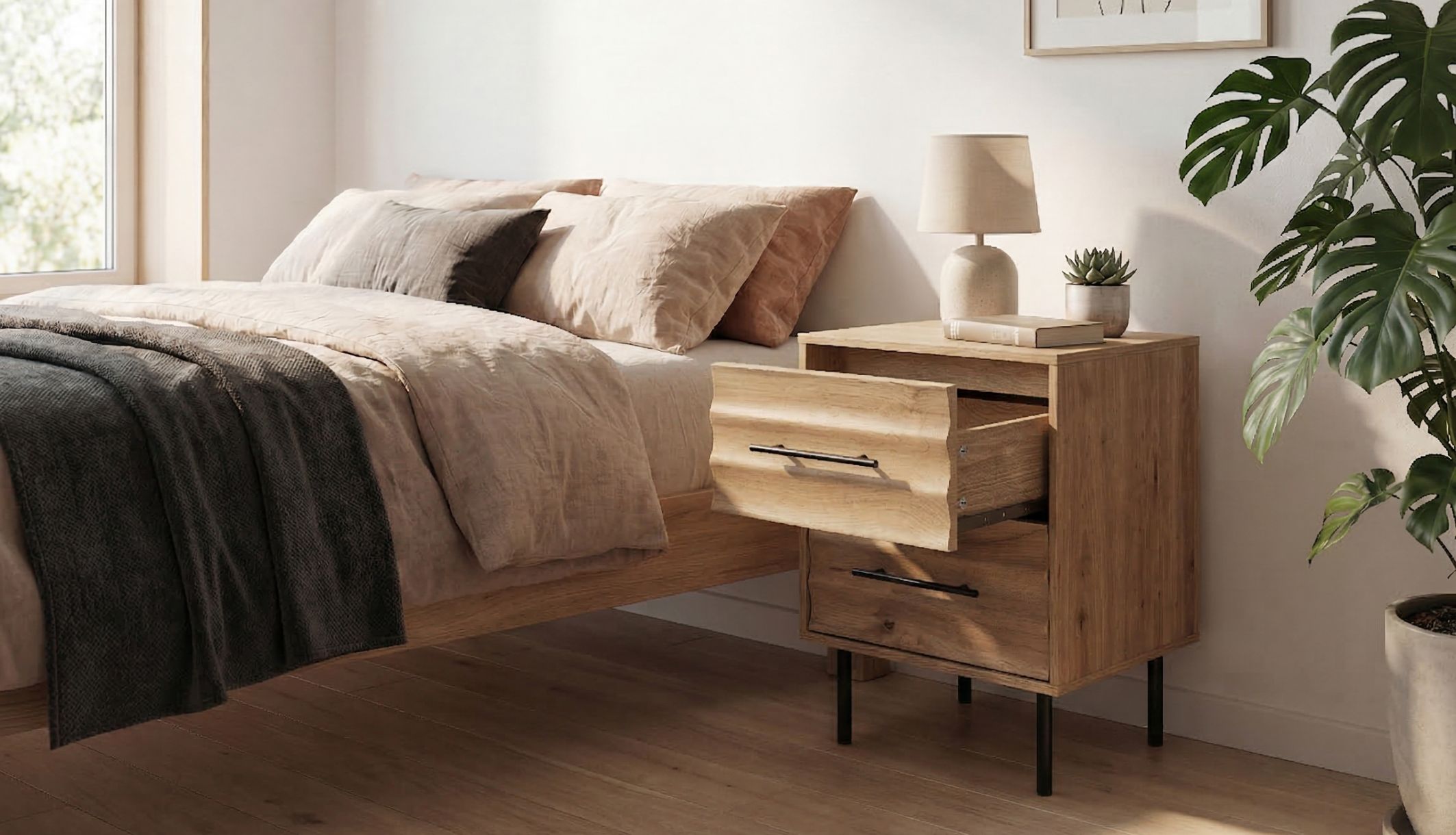 Zoom sur la capacité de rangement du chevet Terre de Nuit