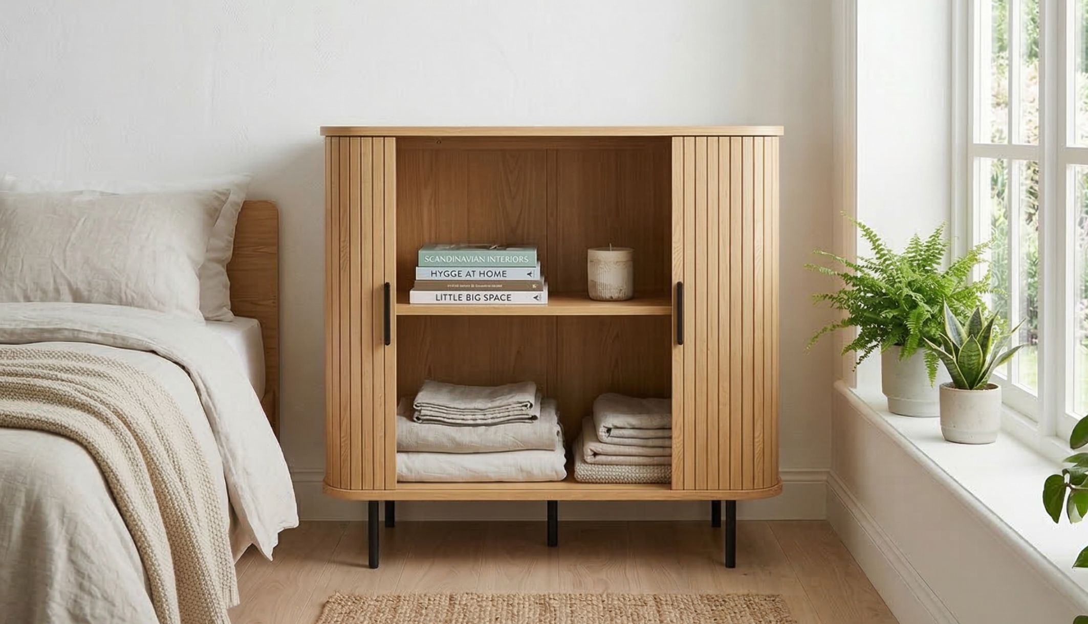 Commode en bois effet tasseaux ouvertes avec une planche à l&#039;intérieur