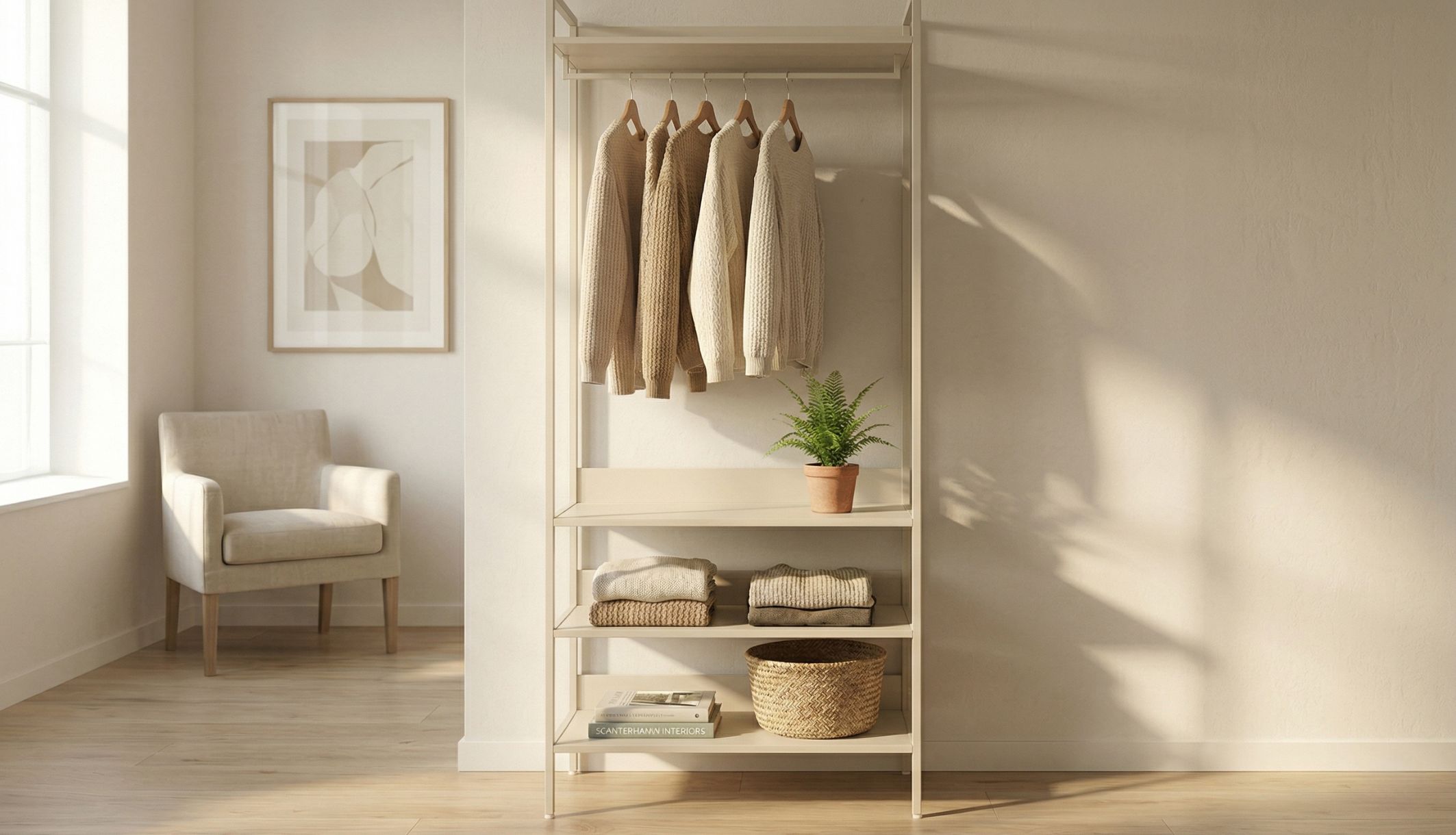 Dressing ouvert en bois et métal une chambre lumineuse et moderne