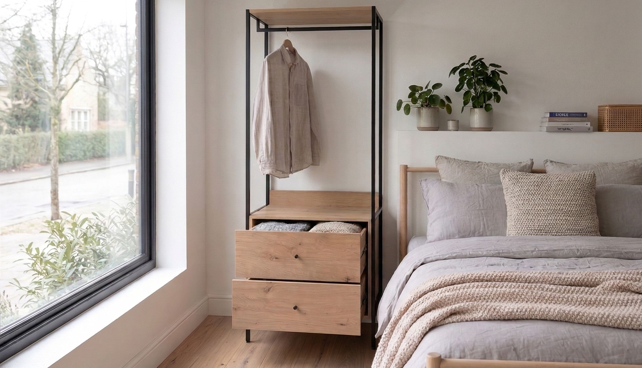 Dressing ouvert en bois et métal une chambre lumineuse et moderne