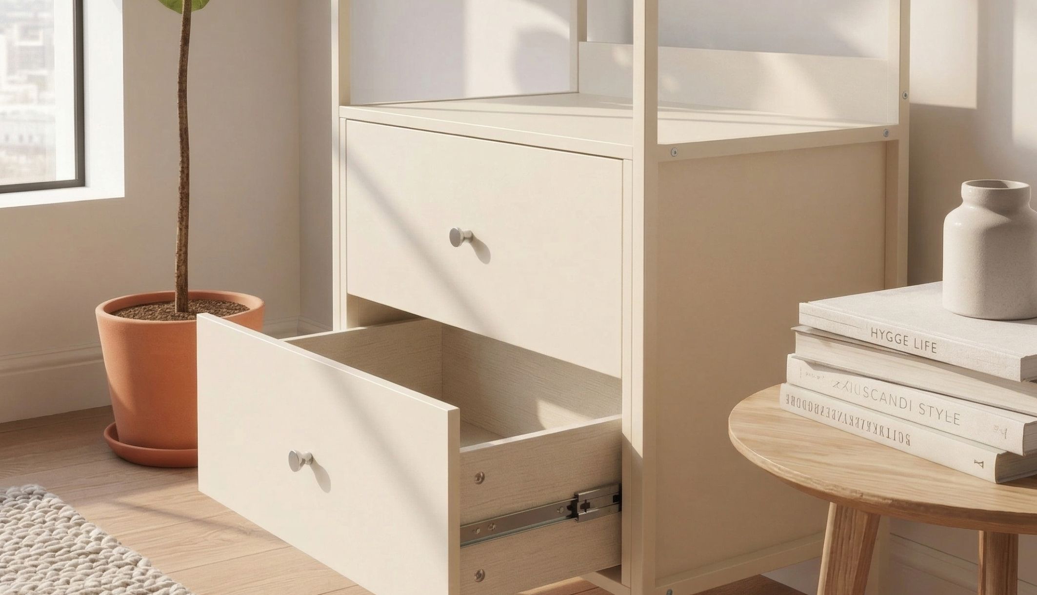 Zoom sur la capacité de rangement du dressing ouvert Terre de Nuit