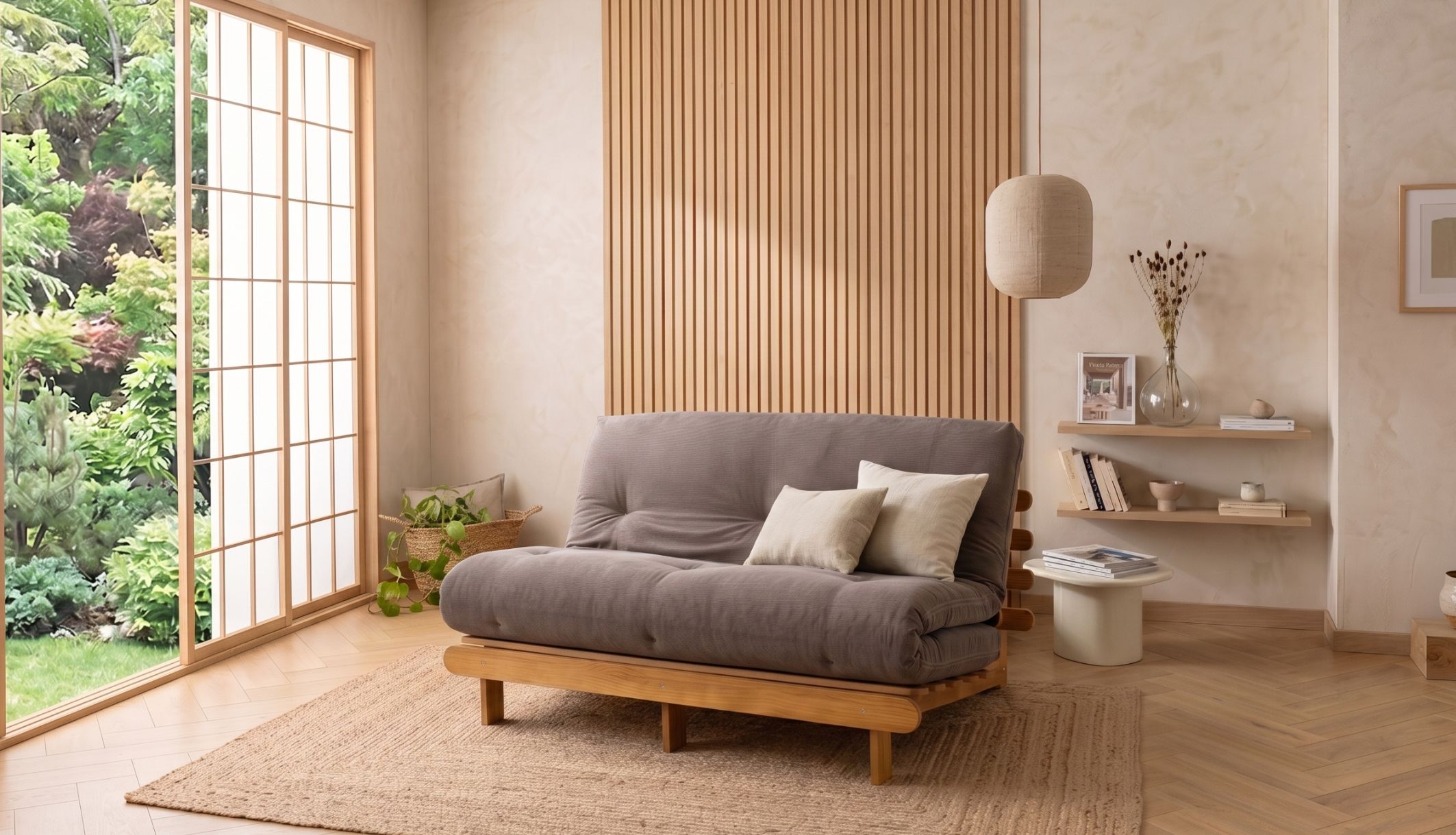 Ensemble structure et matelas futon coton ferme tissu velours côtelé Chocolat Terre de Nuit.