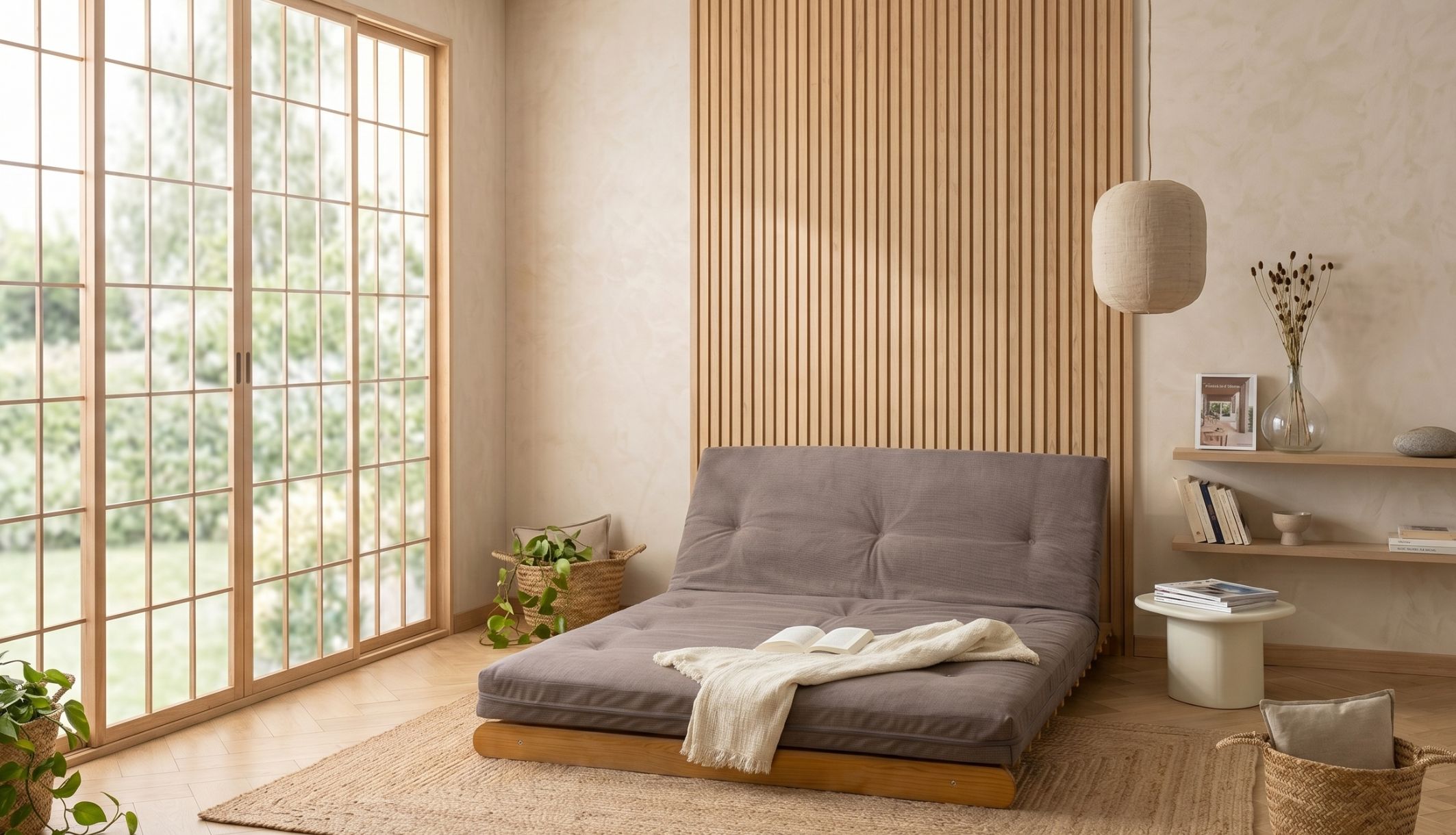 Structure et matelas futon inclinés en position relax avec plaid dans un salon zen.
