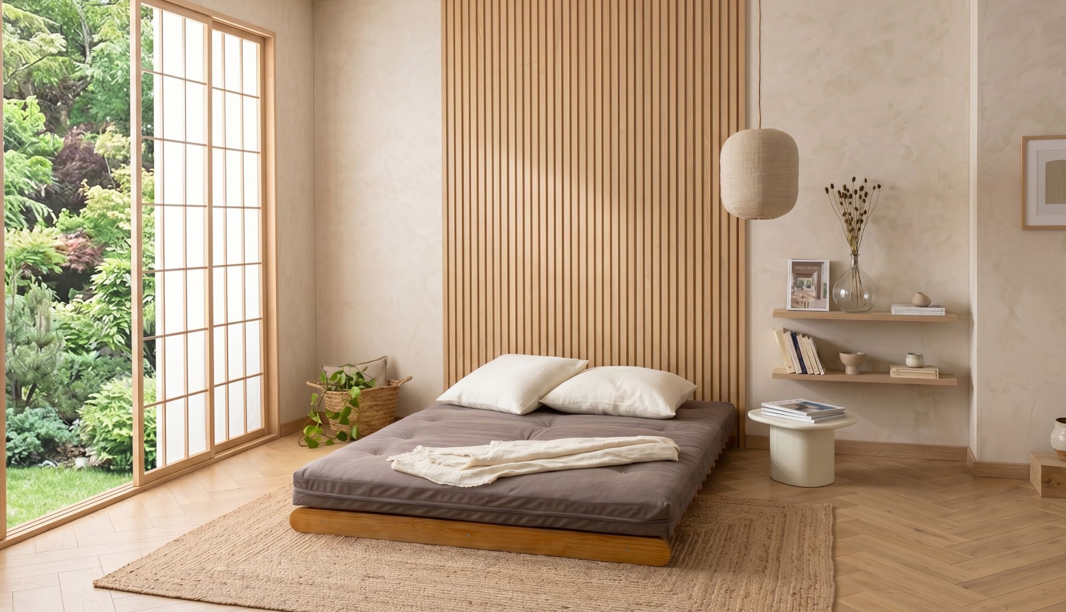 Literie futon entièrement dépliée en lit avec coussins dans un intérieur lumineux et naturel.