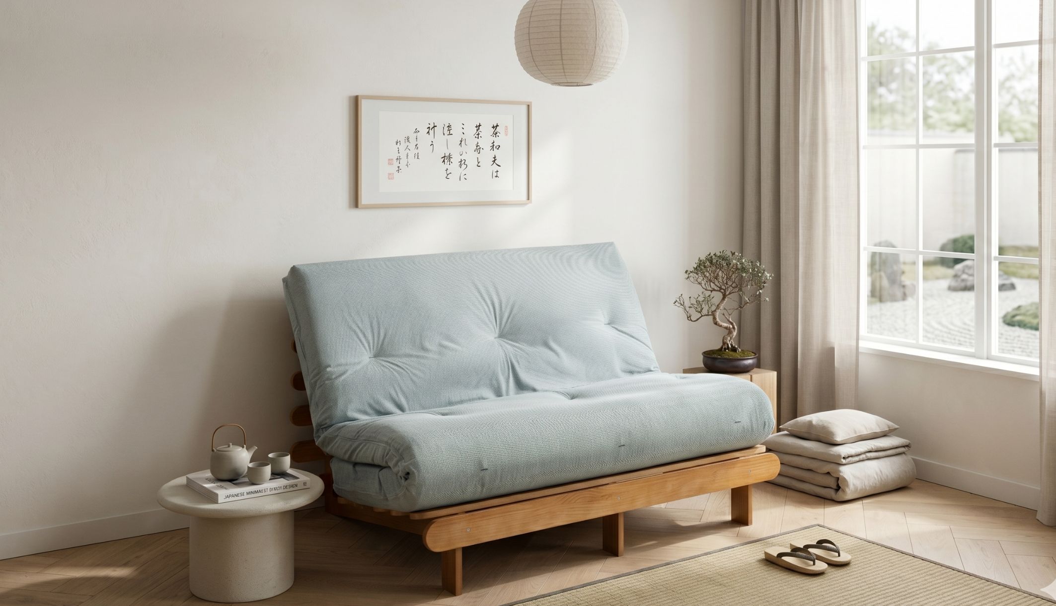Ensemble banquette et matelas futon latex ferme tissu velours côtelé Terre de Nuit en position canapé.