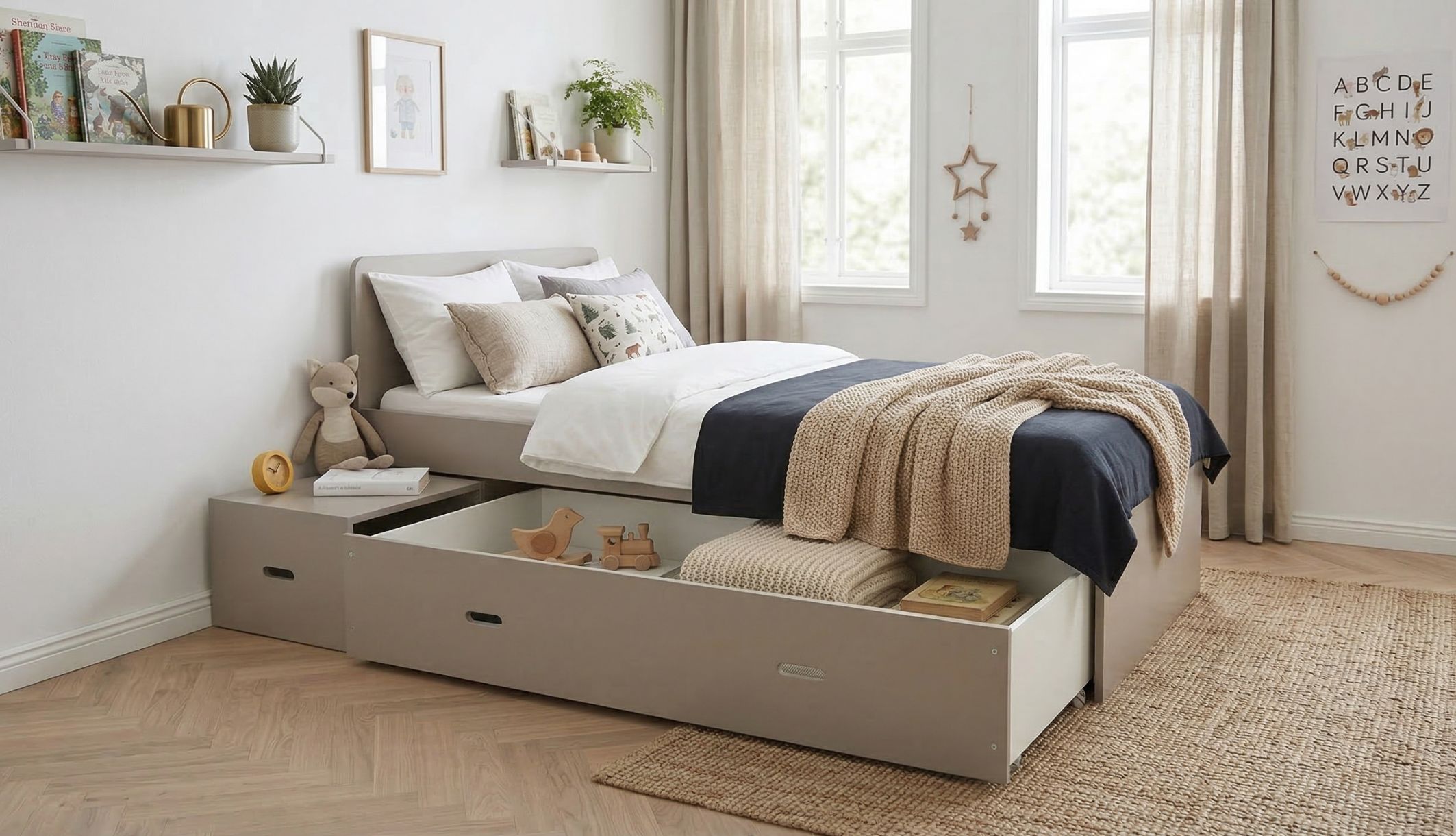 Lit à tiroir pour enfant dans une chambre lumineuse et moderne