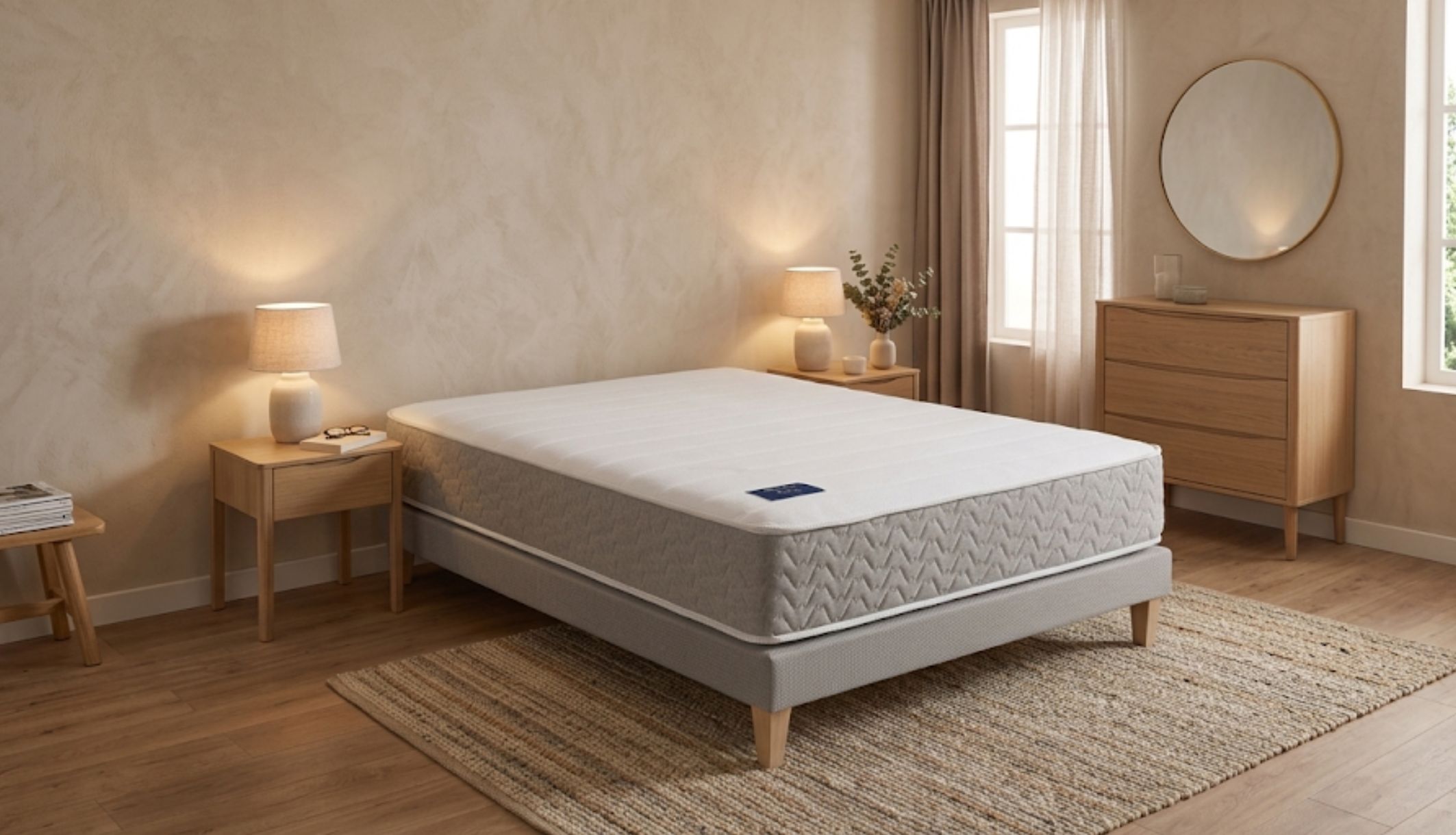 Matelas ressorts et mémoire de forme 29 cm - L&#039;Envie vu de 3/4 en chambre.